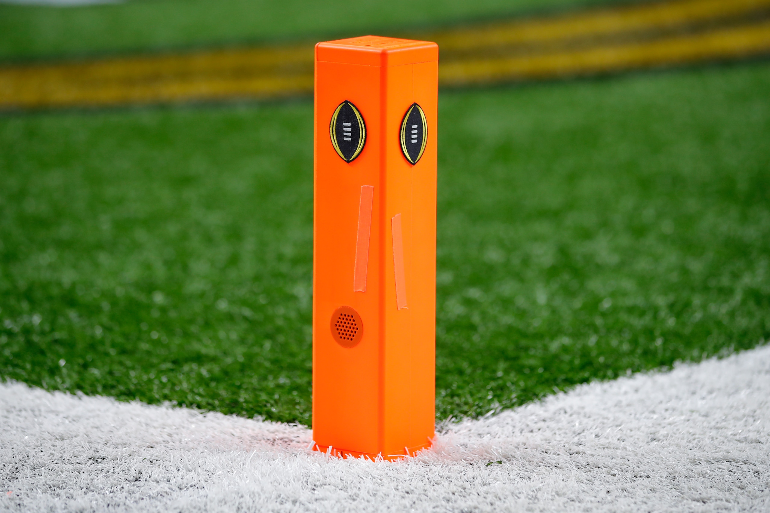 NEW ORLEANS, LA - JANUARY 13: A pylon emblazoned with the National Championship logo sits in the end zone prior to the College Football Playoff National Championship Game between the LSU Tigers and the Clemson Tigers on January 13, 2020 in New Orleans LA.