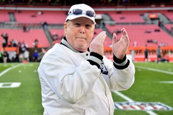 CLEVELAND, OHIO - DECEMBER 20: Las Vegas Raiders owner Mark Davis reacts during warmups before the game against the  at FirstEnergy Stadium on December 20, 2021 in Cleveland, Ohio. (Photo by Jason Miller/Getty Images)