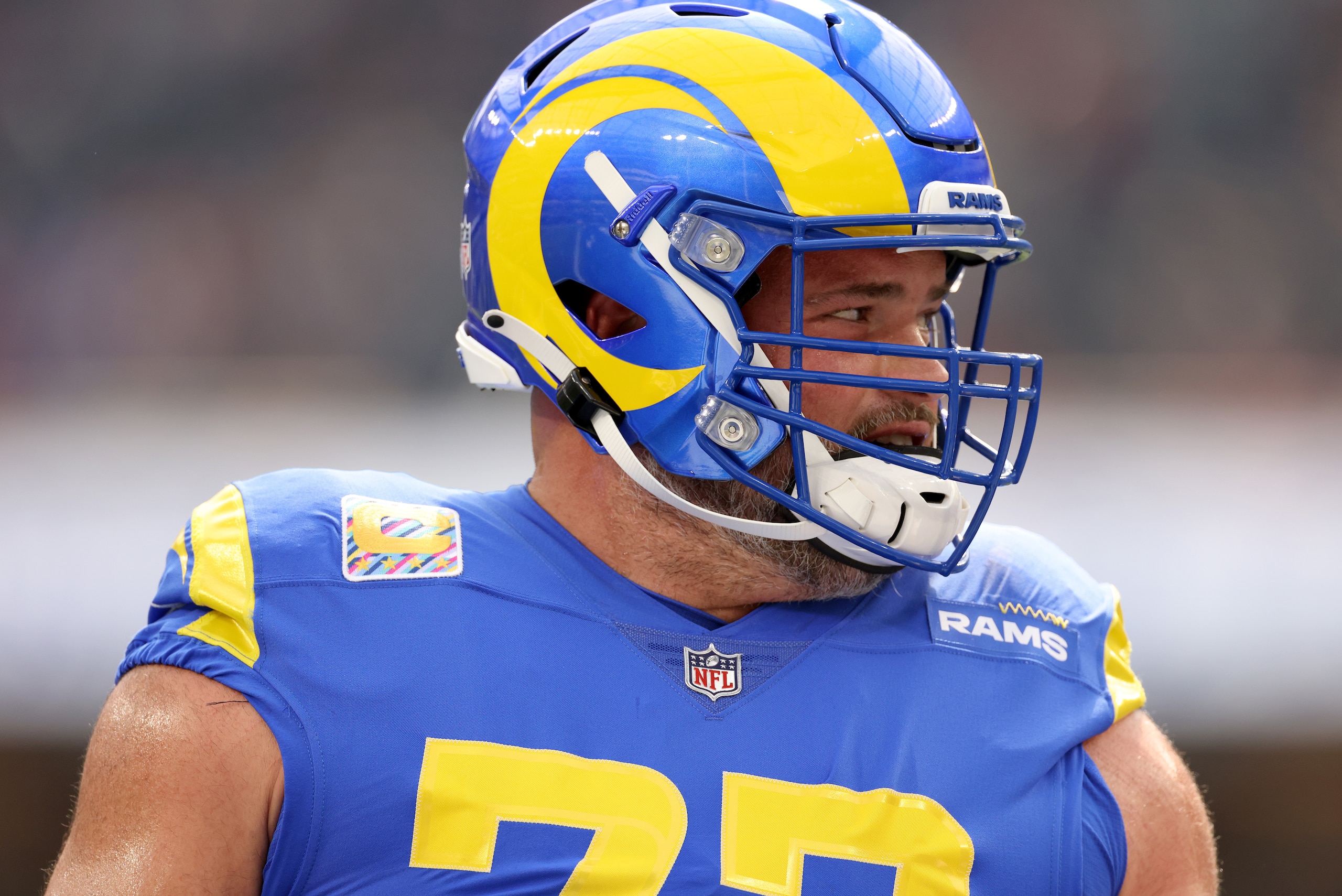 INGLEWOOD, CALIFORNIA - OCTOBER 03: Andrew Whitworth #77 of the Los Angeles Rams during warm up before the game against the Arizona Cardinals at SoFi Stadium on October 03, 2021 in Inglewood, California. (Photo by Harry How/Getty Images)