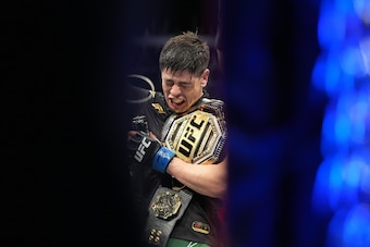 GLENDALE, AZ - JUNE 12: Brandon Moreno (blue gloves) is declared the winner during UFC 263 on June 12, 2021, at Gila River Arena in Glendale, AZ. (Photo by Louis Grasse/PxImages/Icon Sportswire via Getty Images) GLENDALE, AZ - JUNE 12: Brandon Moreno (blue gloves) is declared the winner during UFC 263 on June 12, 2021, at Gila River Arena in Glendale, AZ. (Photo by Louis Grasse/PxImages/Icon Sportswire via Getty Images)