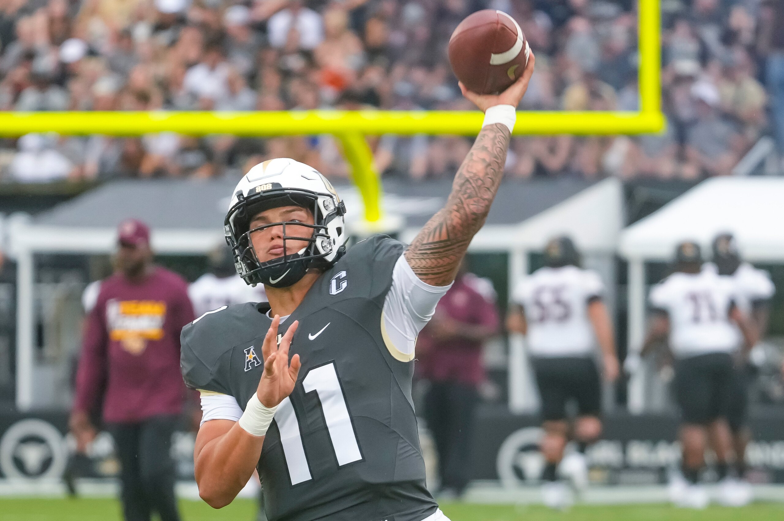 ORLANDO, FL - SEPTEMBER 11: UCF Knights quarterback Dillon Gabriel (11) warming up before the football game between the UCF Knights and Bethune-Cookman Wildcats on September 11th, 2022 at Bright House Networks Stadium in Orlando, FL. (Photo by Andrew Bers