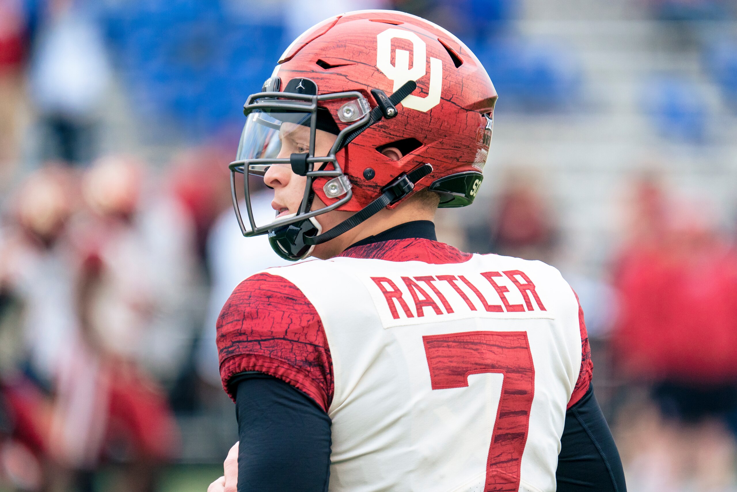 LAWRENCE, KS - OCTOBER 23: Spencer Rattler #7 of the Oklahoma Sooners warms up before the game against the Kansas Jayhawks at David Booth Kansas Memorial Stadium on October 23, 2021 in Lawrence, Kansas. (Photo by Kyle Rivas/Getty Images)