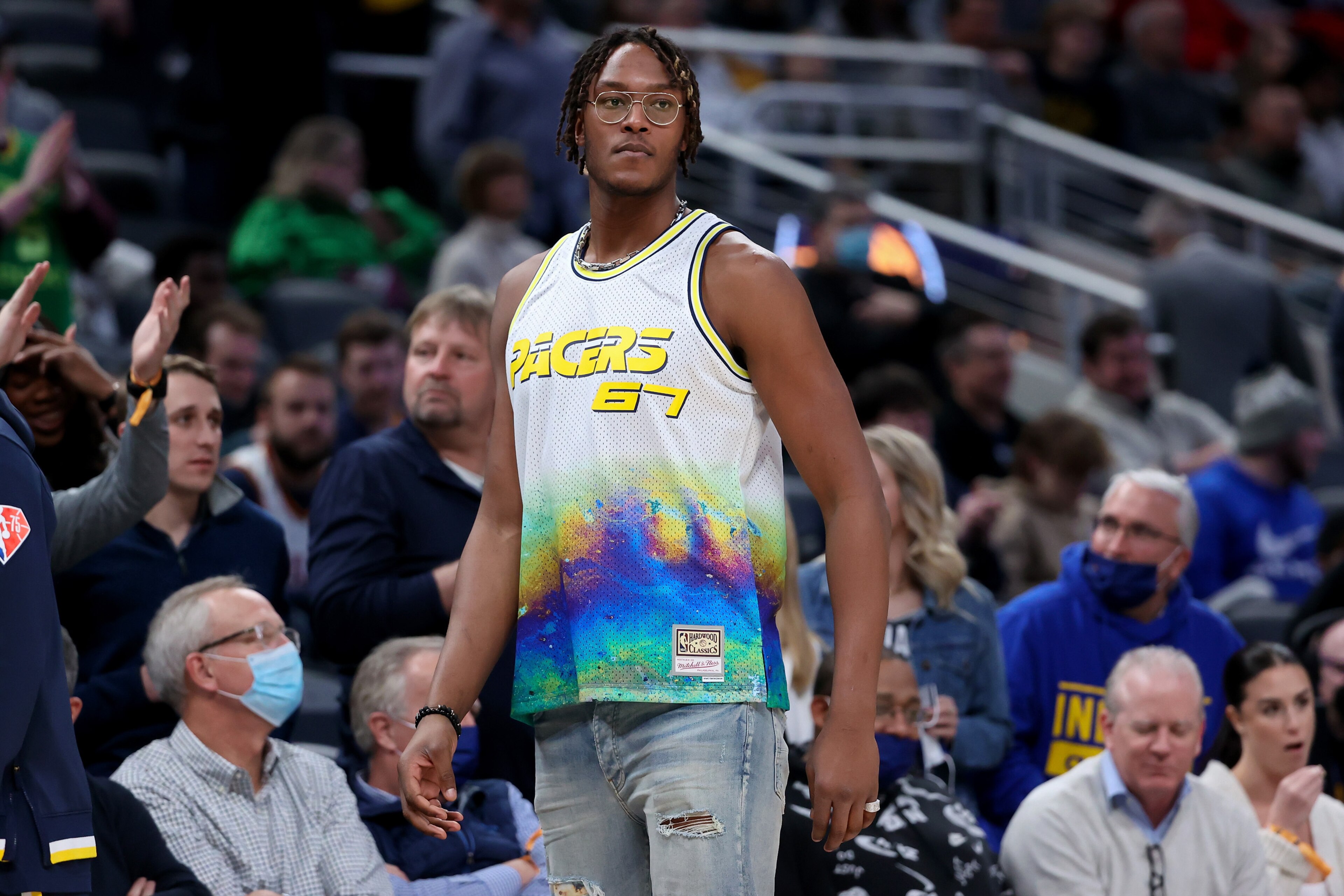INDIANAPOLIS, INDIANA - JANUARY 31: Myles Turner #33 of the Indiana Pacers looks on before the game against the Los Angeles Clippers at Gainbridge Fieldhouse on January 31, 2022 in Indianapolis, Indiana. NOTE TO USER: User expressly acknowledges and agree