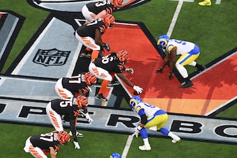 INGLEWOOD, CA - FEBRUARY 13: Cincinnati Bengals Center Trey Hopkins (66) pepres to snap the ball in the first half during Super Bowl LVI between the Cincinnati Bengals and the Los Angeles Rams on February 13, 2022, at SoFi Stadium in Inglewood, CA. (Photo
