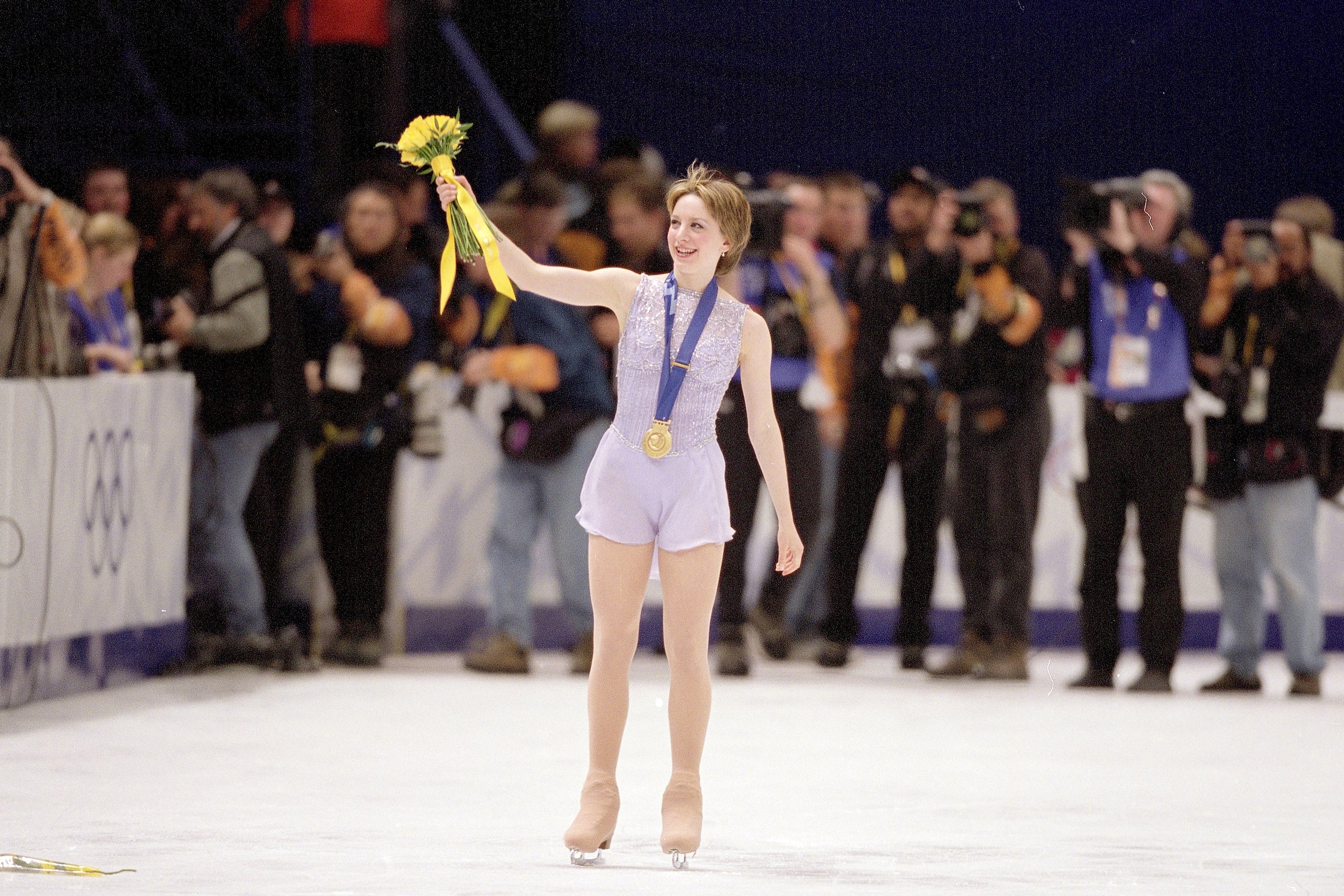 Figure Skating: 2002 Winter Olympics: USA Sarah Hughes victorious, wearing gold medal after Women's Free Program at Salt Lake Ice Center. 
Salt Lake City, UT 2/21/2002
CREDIT: Simon Bruty (Photo by Simon Bruty /Sports Illustrated via Getty Images) (Set Nu