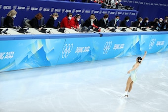 BEIJING, CHINA - FEBRUARY 15: Wakaba Higuchi of Japan skates in front of the judges during the Women Single Skating Short Program on day eleven of the Beijing 2022 Winter Olympic Games at Capital Indoor Stadium on February 15, 2022 in Beijing, China. (Pho