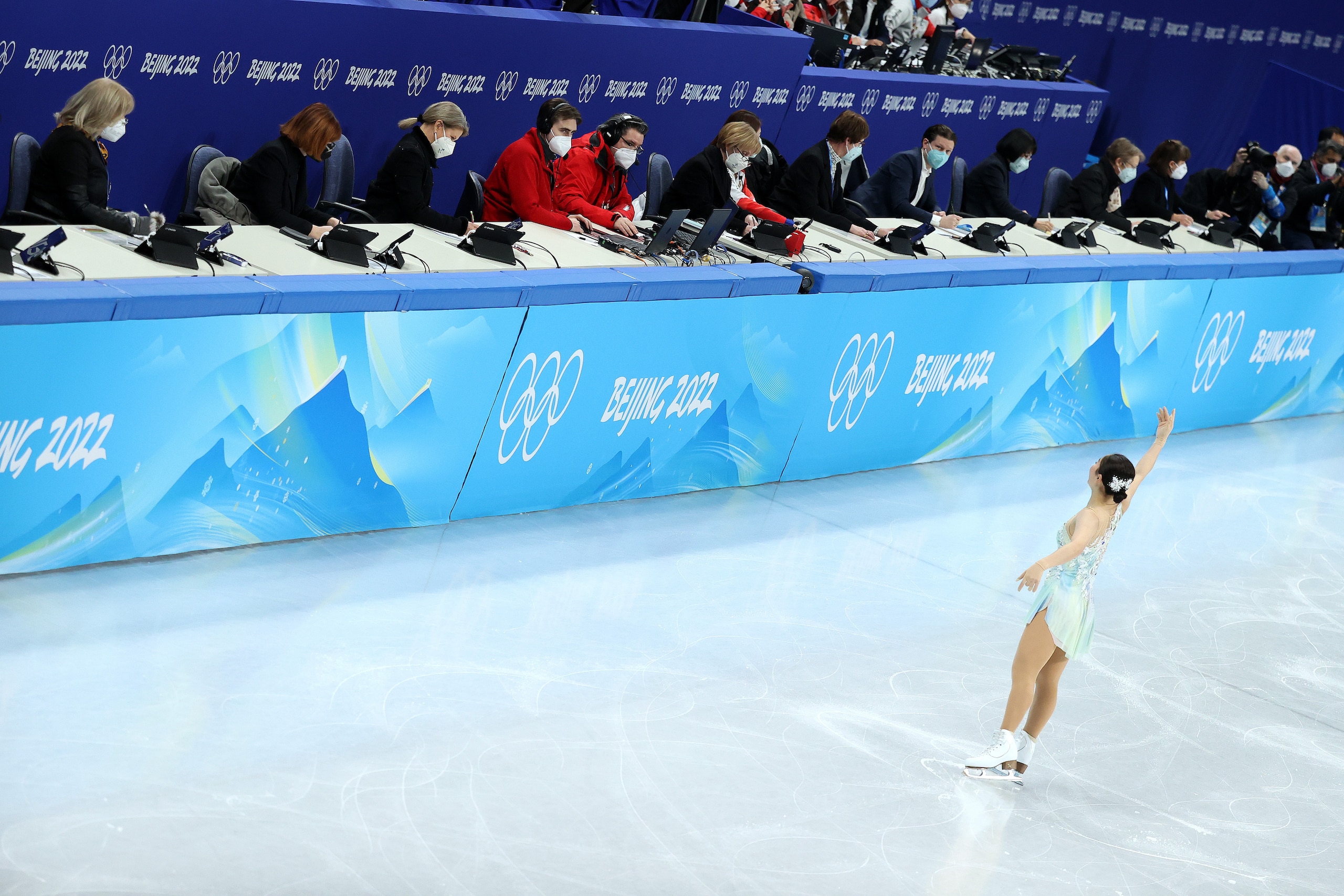 BEIJING, CHINA - FEBRUARY 15: Wakaba Higuchi of Japan skates in front of the judges during the Women Single Skating Short Program on day eleven of the Beijing 2022 Winter Olympic Games at Capital Indoor Stadium on February 15, 2022 in Beijing, China. (Pho