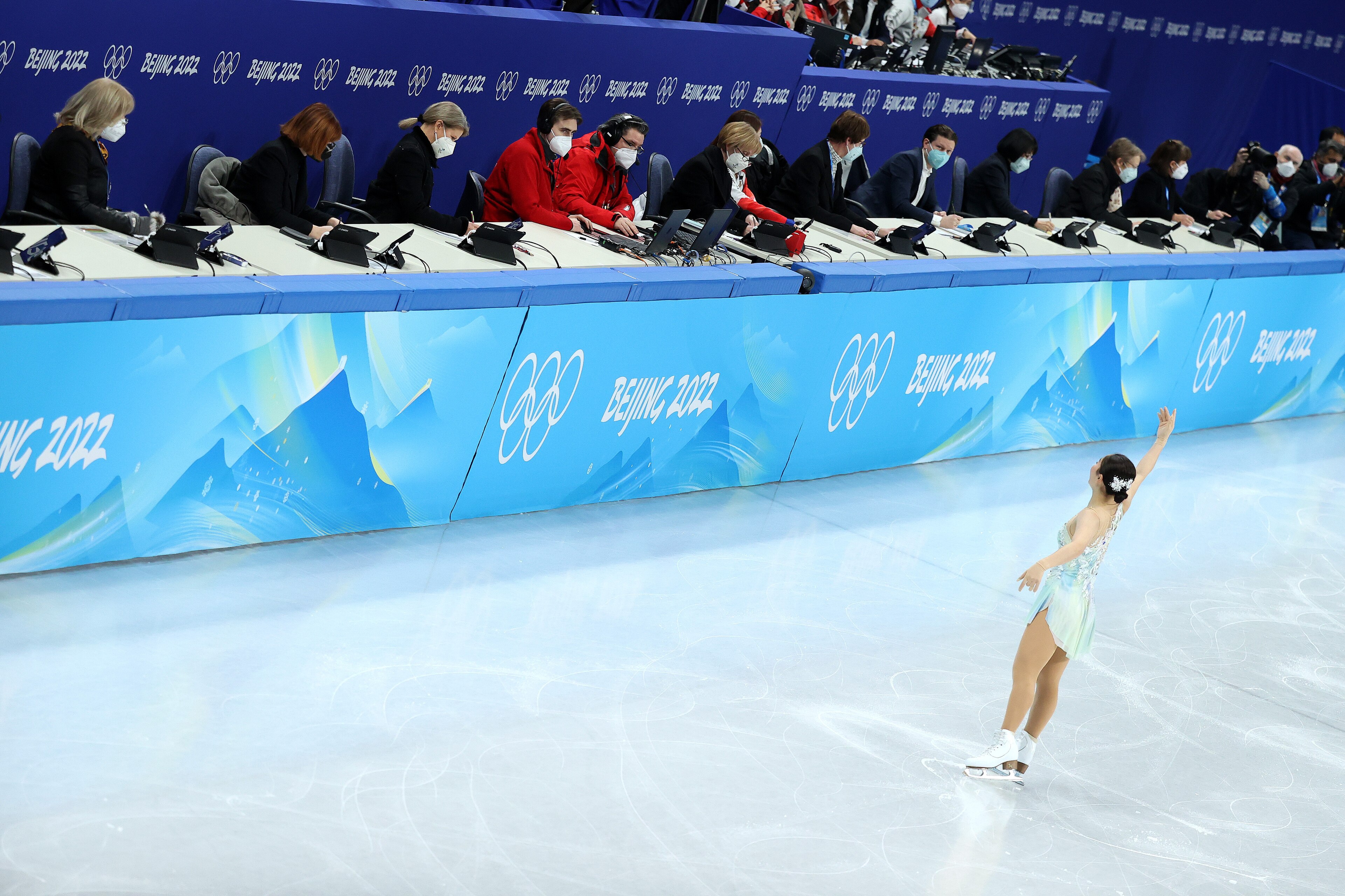 BEIJING, CHINA - FEBRUARY 15: Wakaba Higuchi of Japan skates in front of the judges during the Women Single Skating Short Program on day eleven of the Beijing 2022 Winter Olympic Games at Capital Indoor Stadium on February 15, 2022 in Beijing, China. (Pho