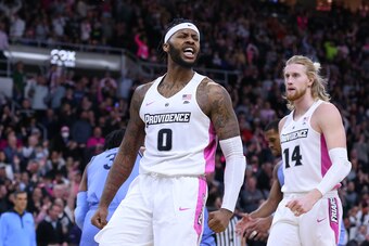 PROVIDENCE, RI - FEBRUARY 15: Providence Friars center Nate Watson (0) reacts after a made shot and potential three point play during a college basketball game between Villanova Wildcats and Providence Friars on February 15 2022, at the Dunkin Donuts Cent