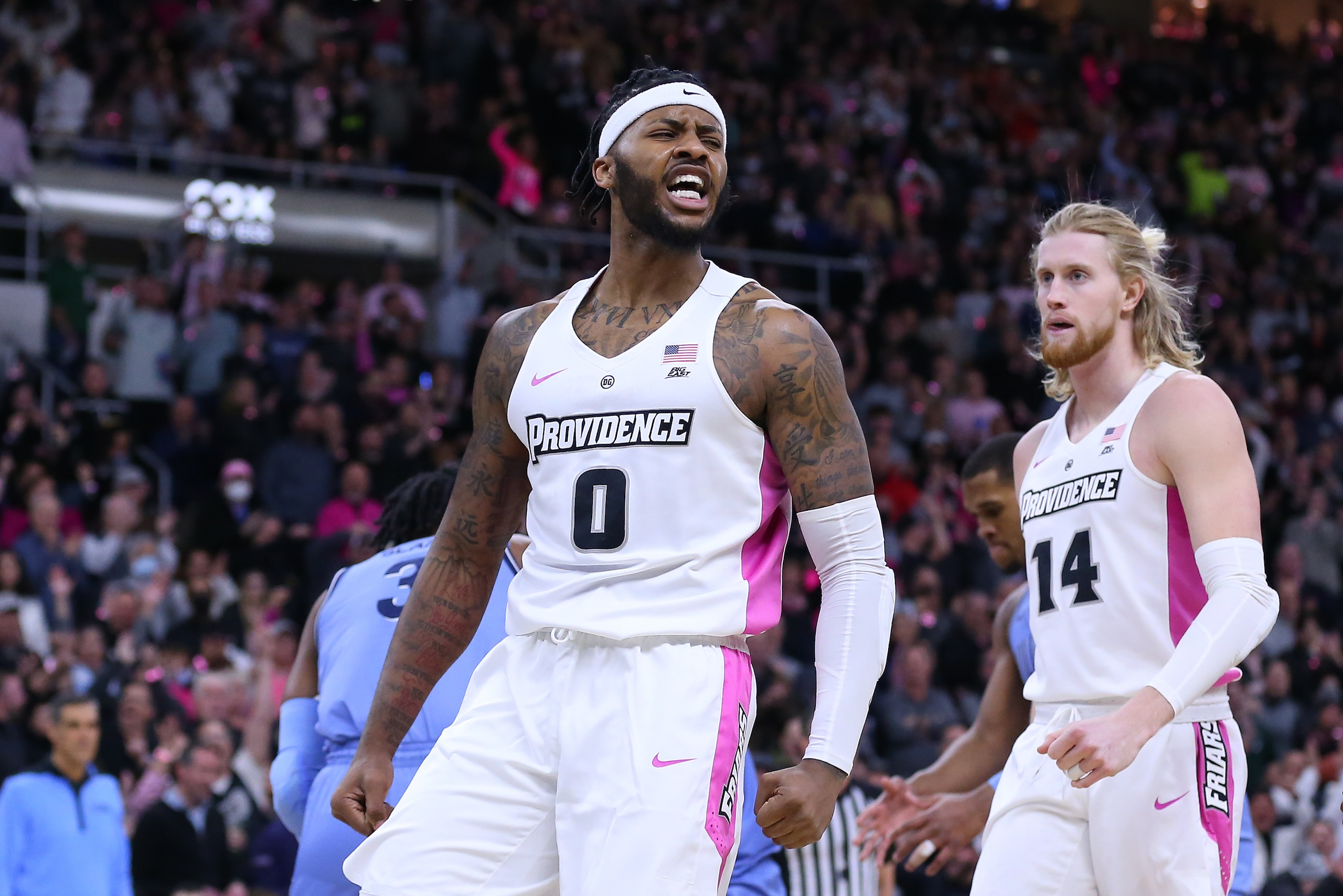 PROVIDENCE, RI - FEBRUARY 15: Providence Friars center Nate Watson (0) reacts after a made shot and potential three point play during a college basketball game between Villanova Wildcats and Providence Friars on February 15 2022, at the Dunkin Donuts Cent