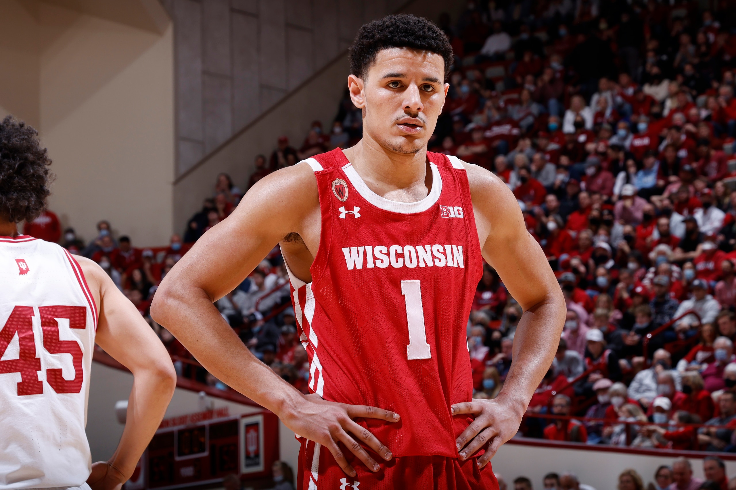 BLOOMINGTON, IN - FEBRUARY 15: Wisconsin Badgers guard Johnny Davis (1) looks on during a college basketball game against the Indiana Hoosiers on Feb. 15, 2022 at Assembly Hall in Bloomington, Indiana. (Photo by Joe Robbins/Icon Sportswire via Getty Image