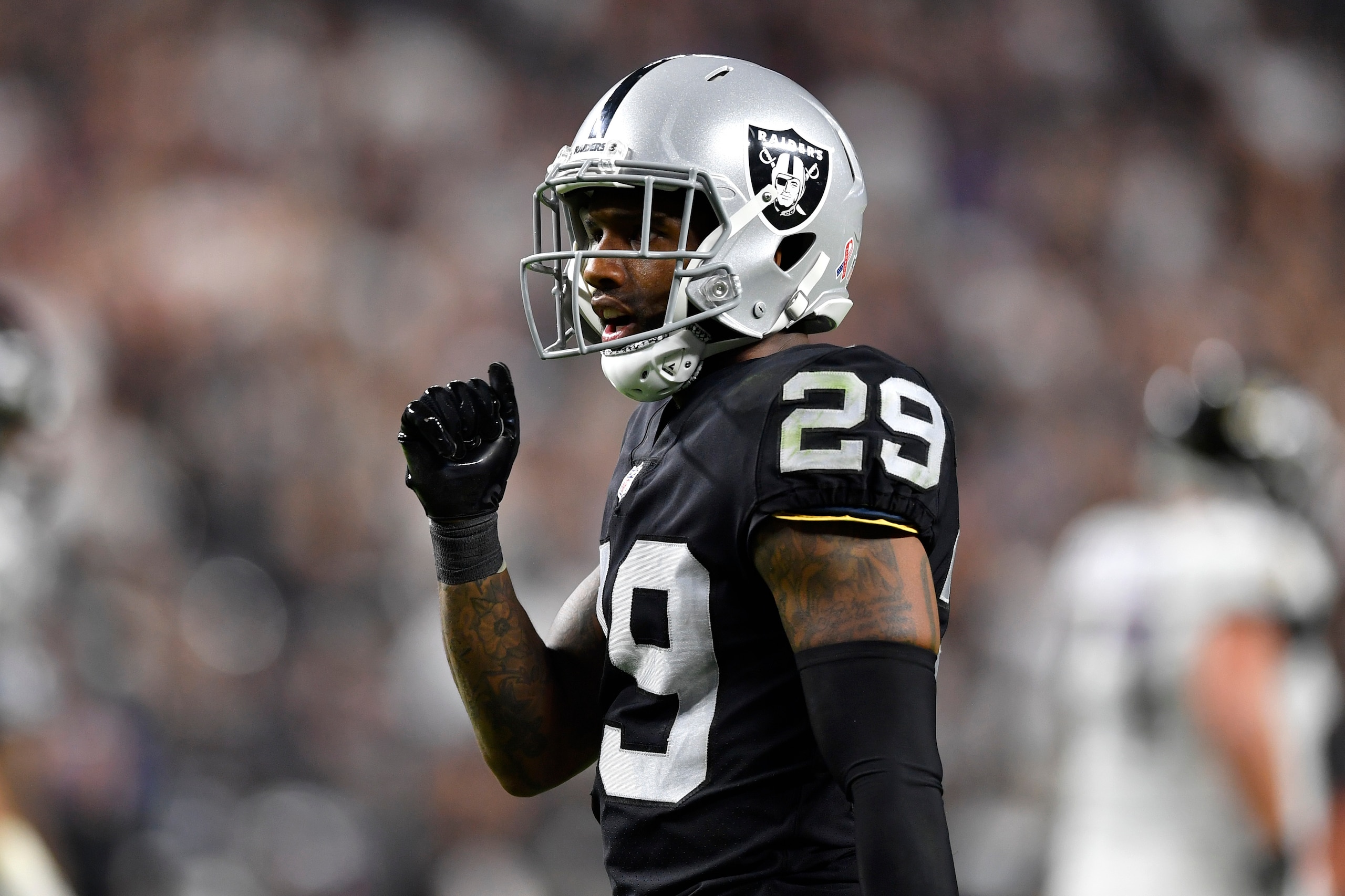 LAS VEGAS, NEVADA - SEPTEMBER 13: Cornerback Casey Hayward Jr. #29 of the Las Vegas Raiders reacts after a play during a game against the Baltimore Ravens at Allegiant Stadium on September 13, 2021 in Las Vegas, Nevada. The Raiders defeated the Ravens 33 LAS VEGAS, NEVADA - SEPTEMBER 13: Cornerback Casey Hayward Jr. #29 of the Las Vegas Raiders reacts after a play during a game against the Baltimore Ravens at Allegiant Stadium on September 13, 2021 in Las Vegas, Nevada. The Raiders defeated the Ravens 33