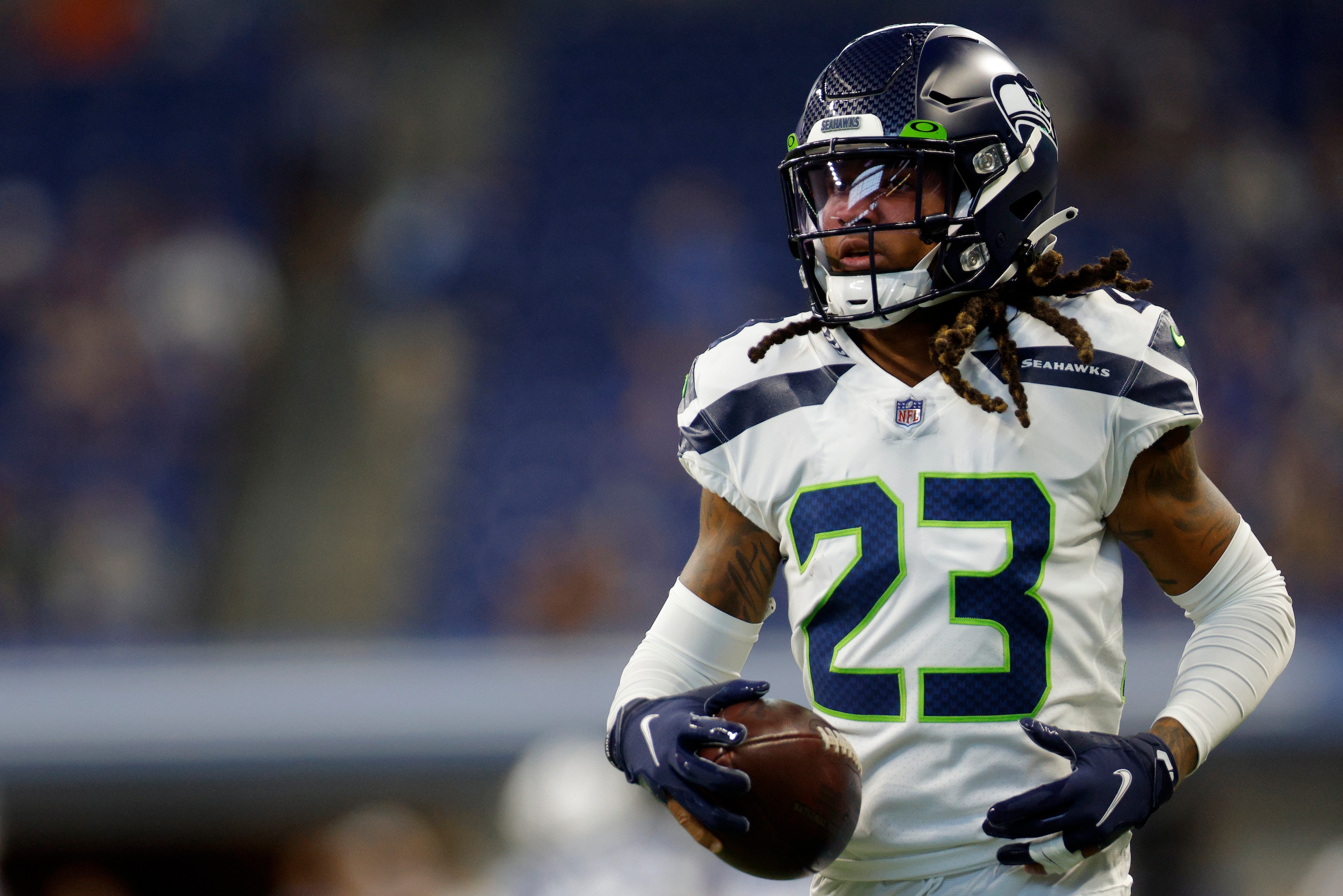 INDIANAPOLIS, INDIANA - SEPTEMBER 12: Sidney Jones IV #23 of the Seattle Seahawks warms up prior to the game against the Indianapolis Colts at Lucas Oil Stadium on September 12, 2021 in Indianapolis, Indiana. (Photo by Michael Hickey/Getty Images) INDIANAPOLIS, INDIANA - SEPTEMBER 12: Sidney Jones IV #23 of the Seattle Seahawks warms up prior to the game against the Indianapolis Colts at Lucas Oil Stadium on September 12, 2021 in Indianapolis, Indiana. (Photo by Michael Hickey/Getty Images)
