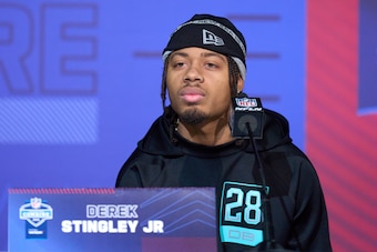 INDIANAPOLIS, IN - MARCH 05: LSU defensive back Derek Stingley Jr. answers questions from the media during the NFL Scouting Combine on March 5, 2022, at the Indiana Convention Center in Indianapolis, IN. (Photo by Robin Alam/Icon Sportswire via Getty Imag