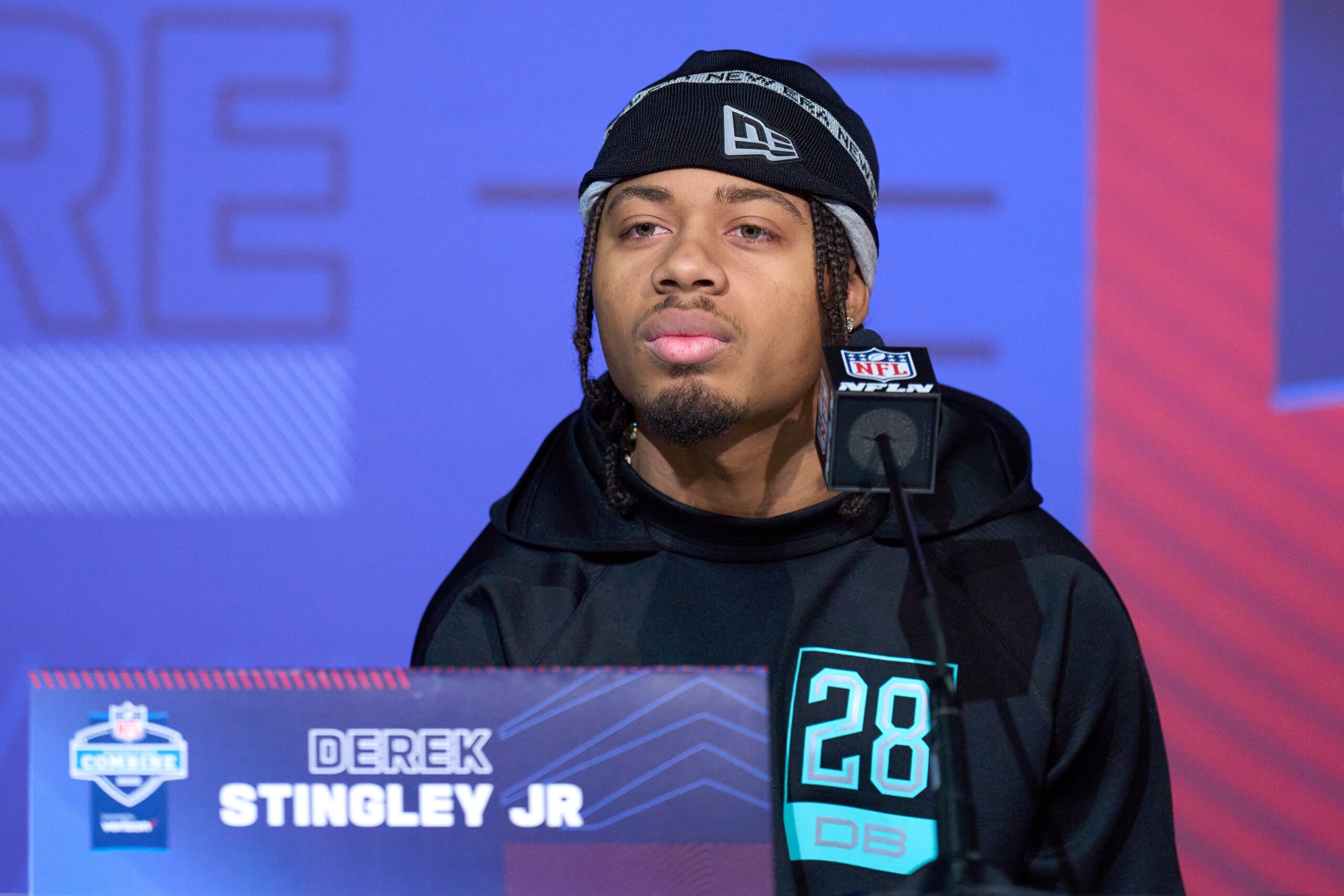INDIANAPOLIS, IN - MARCH 05: LSU defensive back Derek Stingley Jr. answers questions from the media during the NFL Scouting Combine on March 5, 2022, at the Indiana Convention Center in Indianapolis, IN. (Photo by Robin Alam/Icon Sportswire via Getty Imag