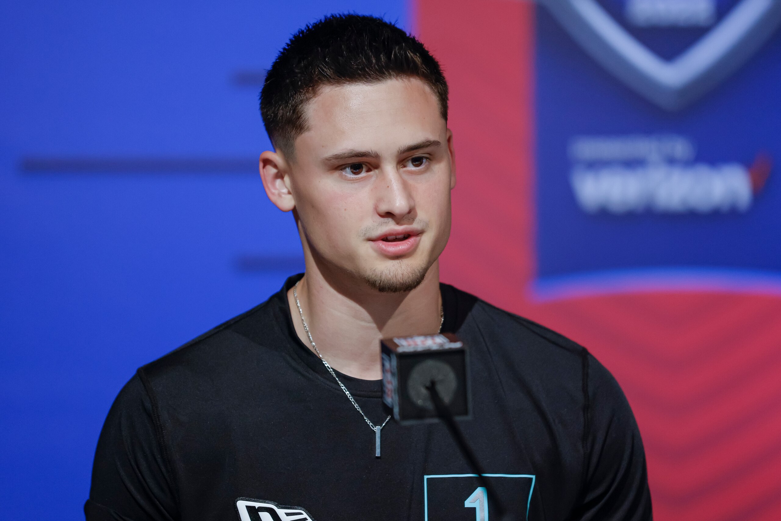 INDIANAPOLIS, IN - MARCH 5: Matt Araiza #PK01 of the San Diego State Aztecs speaks to reporters during the NFL Draft Combine at the Indiana Convention Center on March 5, 2022 in Indianapolis, Indiana. (Photo by Michael Hickey/Getty Images)