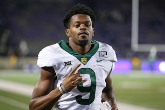 MANHATTAN, KS - NOVEMBER 20: Baylor Bears wide receiver Tyquan Thornton (9) after a Big 12 football game between the Baylor Bears and Kansas State Wildcats on Nov 20, 2021 at Bill Snyder Family Stadium in Manhattan, KS. (Photo by Scott Winters/Icon Sports