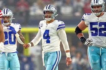ARLINGTON, TX - JANUARY 16: Dallas Cowboys quarterback Dak Prescott (4) looks on during the NFC Wild Card game between the San Francisco 49ers and the Dallas Cowboys on January 16, 2022 at AT&T Stadium in Arlington, TX. (Photo by Robin Alam/Icon Sportswir