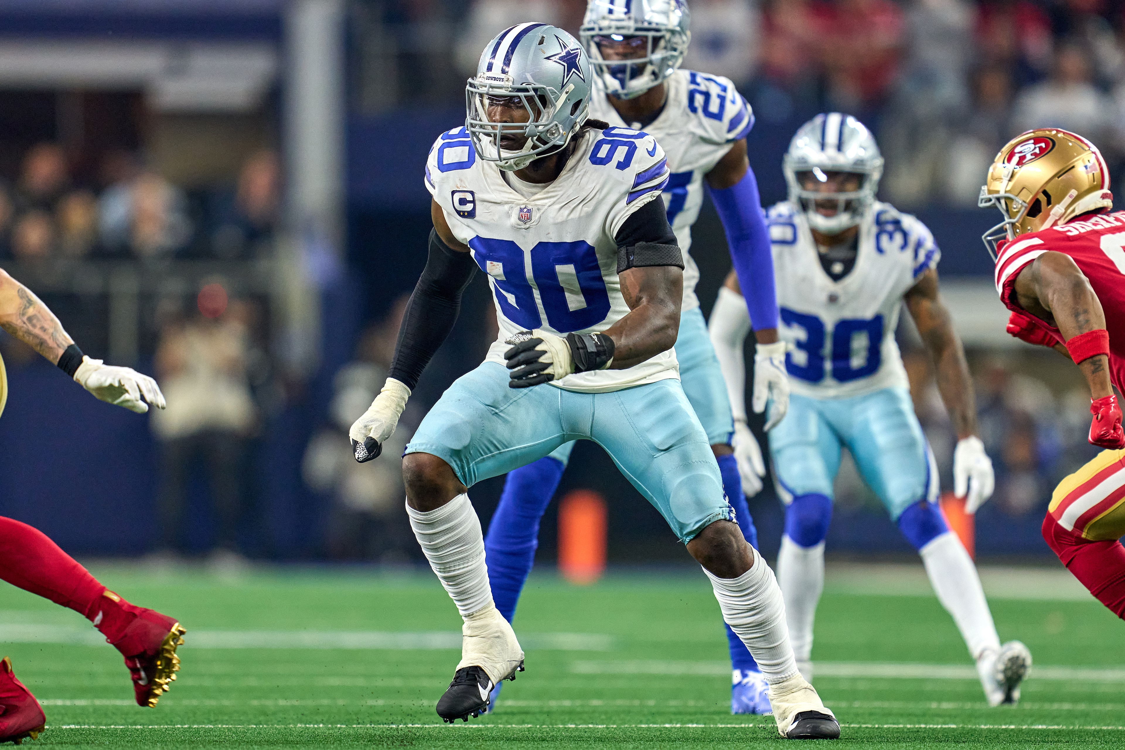 ARLINGTON, TX - JANUARY 16: Dallas Cowboys defensive end Demarcus Lawrence (90) runs during the NFC Wild Card game between the San Francisco 49ers and the Dallas Cowboys on January 16, 2022 at AT&T Stadium in Arlington, TX. (Photo by Robin Alam/Icon Sport ARLINGTON, TX - JANUARY 16: Dallas Cowboys defensive end Demarcus Lawrence (90) runs during the NFC Wild Card game between the San Francisco 49ers and the Dallas Cowboys on January 16, 2022 at AT&T Stadium in Arlington, TX. (Photo by Robin Alam/Icon Sport