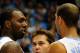 CHAPEL HILL, NC - JANUARY 07: An official warns the North Carolina Tar Heels huddle after a brief scuffle with the Boston College Eagles during play at the Dean Smith Center on January 7, 2012 in Chapel Hill, North Carolina. (Photo by Grant Halverson/Getty Images)