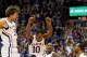 LAWRENCE, KS - JANUARY 04: Jeff Withey #5, Tyshawn Taylor #10, Thomas Robinson #0 and Travis Rutherford #24 of the Kansas Jayhawks celebrate after scoring during the game against the Kansas State Wildcats on January 4, 2012 at Allen Fieldhouse in Lawrence, Kansas. (Photo by Jamie Squire/Getty Images)