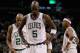 BOSTON, MA - JANUARY 06: Kevin Garnett #5, Ray Allen #20 and Paul Pierce #34 of the Boston Celtics react in the fourth quarter against the Indiana Pacers on January 6, 2012 at TD Garden in Boston, Massachusetts. The Indiana Pacers defeated the Boston Celtics 87-74. NOTE TO USER: User expressly acknowledges and agrees that, by downloading and or using this photograph, User is consenting to the terms and conditions of the Getty Images License Agreement. (Photo by Elsa/Getty Images)
