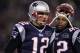 FOXBORO, MA - JANUARY 14: (L-R) Tom Brady #12 and BenJarvus Green-Ellis #42 of the New England Patriots look on against the Denver Broncos during their AFC Divisional Playoff Game at Gillette Stadium on January 14, 2012 in Foxboro, Massachusetts. (Photo by Elsa/Getty Images)