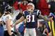 FOXBORO, MA - JANUARY 22: Aaron Hernandez #81 of the New England Patriots celebrates after catching a first down against the Baltimore Ravens in the third quarter during their AFC Championship Game at Gillette Stadium on January 22, 2012 in Foxboro, Massachusetts. (Photo by Jim Rogash/Getty Images)