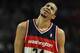 CHICAGO, IL - JANUARY 11: JaVale McGee #34 of the Washington Wizards reacts after being called for a foul against the Chicago Bulls at the United Center on January 11, 2012 in Chicago, Illinois. The Bulls defeated the Wizards 78-64. NOTE TO USER: User expressly acknowledges and agrees that, by downloading and or using this photograph, User is consenting to the terms and conditions of the Getty Images License Agreement. (Photo by Jonathan Daniel/Getty Images)