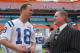 Peyton Manning of the Indianapolis Colts, left, talks with team owner Jim Irsay during Media Day prior to Super Bowl XLI at Dolphins Stadium in Miami, Florida on January 30, 2007. (Photo by A. Messerschmidt/Getty Images)