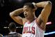 MIAMI, FL - JANUARY 29: Derrick Rose #1 of the Chicago Bulls looks on during a game against the Miami Heat at American Airlines Arena on January 29, 2012 in Miami, Florida. NOTE TO USER: User expressly acknowledges and agrees that, by downloading and/or using this Photograph, User is consenting to the terms and conditions of the Getty Images License Agreement. (Photo by Mike Ehrmann/Getty Images)