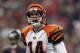 HOUSTON, TX - JANUARY 07: Andy Dalton #14 of the Cincinnati Bengals reacts against the Houston Texans during their 2012 AFC Wild Card Playoff game at Reliant Stadium on January 7, 2012 in Houston, Texas. (Photo by Jamie Squire/Getty Images)
