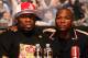 LAS VEGAS - MAY 05: (L-R) Rapper 50 Cent and Floyd Mayweather Jr. embrace during the post-fight news conference after Mayweather defeated Oscar De La Hoya by split decision after their WBC super welterweight championship fight at the MGM Grand Garden Arena May 5, 2007 in Las Vegas, Nevada. (Photo by Ethan Miller/Getty Images)