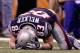 INDIANAPOLIS, IN - FEBRUARY 05: Wes Welker #83 of the New England Patriots lays on the ground in the fourth quarter during Super Bowl XLVI at Lucas Oil Stadium on February 5, 2012 in Indianapolis, Indiana. (Photo by Elsa/Getty Images)