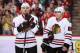 GLENDALE, AZ - FEBRUARY 11: Patrick Sharp #10 and Patrick Kane #88 of the Chicago Blackhawks wait for a face off against the Phoenix Coyotes during the NHL game at Jobing.com Arena on February 11, 2012 in Glendale, Arizona. The Coyotes defeated the Blackhawks 3-0. (Photo by Christian Petersen/Getty Images)