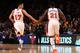 NEW YORK, NY - FEBRUARY 10: (L-R) Jeremy Lin #17 and Iman Shumpert #21 of the New York Knicks celebrate a play against the Los Angeles Lakers at Madison Square Garden on February 10, 2012 in New York City. NOTE TO USER: User expressly acknowledges and agrees that, by downloading and or using this photograph, User is consenting to the terms and conditions of the Getty Images License Agreement. (Photo by Chris Chambers/Getty Images)