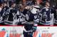 COLUMBUS, OH - JANUARY 14: Rick Nash #61 of the Columbus Blue Jackets celebrates a third period goal with teammates while playing the San Jose Sharks at Nationwide Arena on January 14, 2012 in Columbus, Ohio. The San Jose Sharks won the game 2-1. (Photo by Gregory Shamus/Getty Images)
