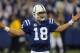 INDIANAPOLIS - JANUARY 13: Quarterback Peyton Manning #18 of the Indianapolis Colts holds out his arms against the San Diego Chargers during their AFC Divisional Playoff game at the RCA Dome on January 13, 2008 in Indianapolis, Indiana. The Chargers won 28-24. (Photo by Streeter Lecka/Getty Images)