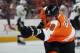 PHILADELPHIA, PA - FEBRUARY 18: Nicklas Grossman #8 of the Philadelphia Flyers takes a shot in warmups prior to playing in his first game as a Flyer against the Pittsburgh Penguins at the Wells Fargo Center on February 18, 2012 in Philadelphia, Pennsylvania. (Photo by Bruce Bennett/Getty Images)
