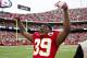 KANSAS CITY, MO - DECEMBER 18: Brandon Carr #39 of the Kansas City Chiefs celebrates after a win against the Green Bay Packers at Arrowhead Stadium on December 18, 2011 in Kansas CIty, Missouri. The Chiefs defeated the Packers 19-14. (Photo by Wesley Hitt/Getty Images)