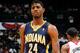 ATLANTA, GA - FEBRUARY 08: Paul George #24 of the Indiana Pacers against the Atlanta Hawks at Philips Arena on February 8, 2012 in Atlanta, Georgia. NOTE TO USER: User expressly acknowledges and agrees that, by downloading and or using this photograph, User is consenting to the terms and conditions of the Getty Images License Agreement. (Photo by Kevin C. Cox/Getty Images)