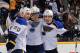 NASHVILLE, TN - DECEMBER 17: Alexander Steen #20, David Perron #57, and Kevin Shattenkirk #22 of the St Louis Blues celebrate after scoring a late game tying goal against the Nashville Predators at the Bridgestone Arena on December 17, 2011 in Nashville, Tennessee. (Photo by Frederick Breedon/Getty Images)