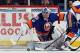 UNIONDALE, NY - FEBRUARY 11: Evgeni Nabokov #20 of the New York Islanders makes a save against the Los Angeles Kings on February 11, 2012 at Nassau Coliseum in Uniondale, New York. The Islanders defeated the Kings 2-1 in overtime. (Photo by Jim McIsaac/Getty Images)