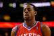 MIAMI, FL - JANUARY 21: Andre Iguodala #9 of the Philadelphia 76ers looks on during a game against the Miami Heat at American Airlines Arena on January 21, 2012 in Miami, Florida. NOTE TO USER: User expressly acknowledges and agrees that, by downloading and/or using this Photograph, User is consenting to the terms and conditions of the Getty Images License Agreement. (Photo by Mike Ehrmann/Getty Images)