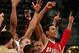 AUBURN HILLS, MI - MARCH 17: Patrick O'Bryant #13 of the Bradley Braves and teammates celebrate the 77-73 upset win over the Kansas Jayhawks during the First Round of the 2006 NCAA Men's Basketball Tournament at The Palace of Auburn Hills on March 17, 2006 in Auburn Hills, Michigan. (Photo by Brian Bahr/Getty Images)
