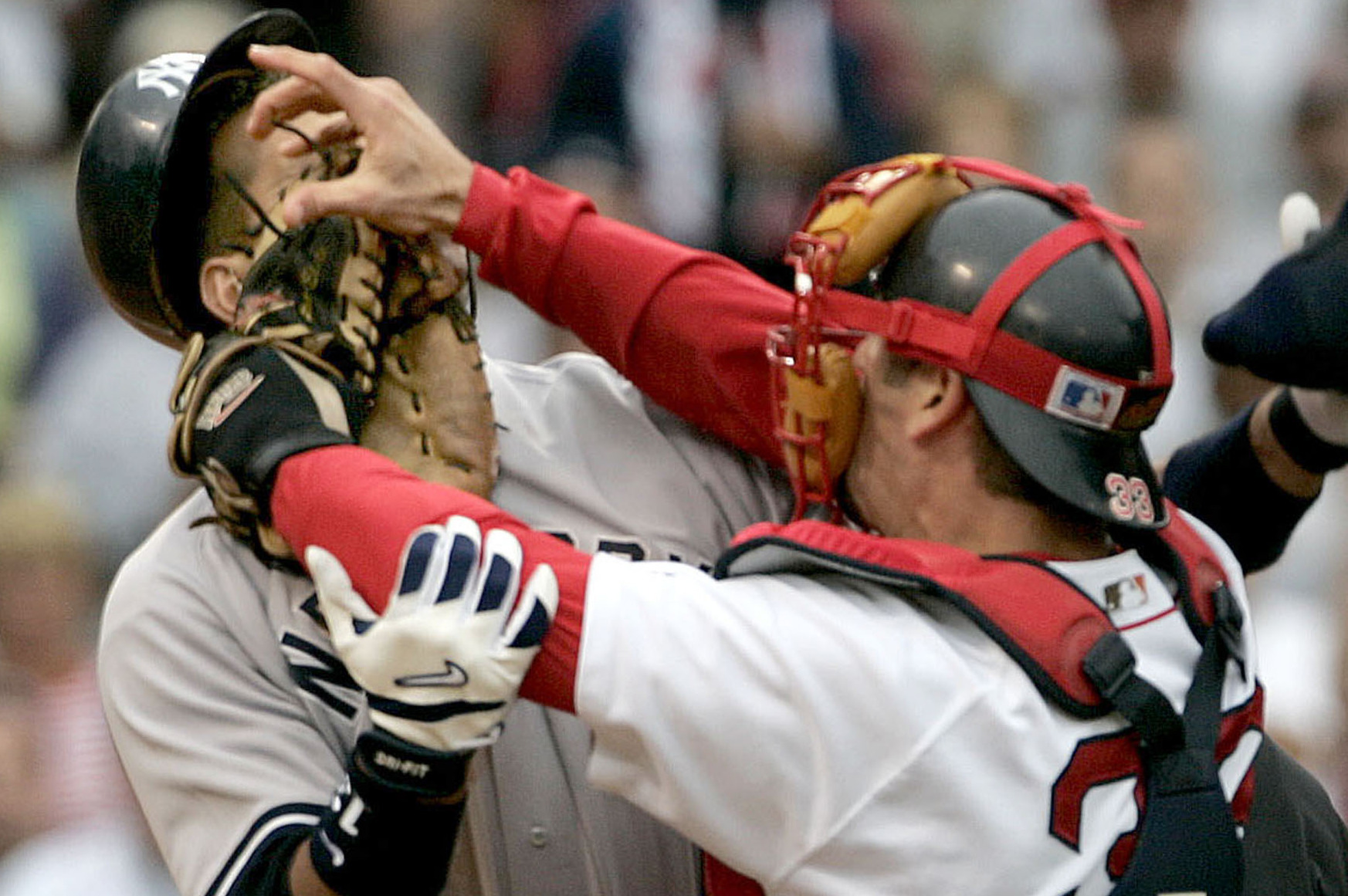 Jason Varitek's helmet and glove on the bench in the Bosox dugout