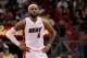MIAMI, FL - FEBRUARY 21: LeBron James #6 of the Miami Heat looks on during a game against the Sacramento Kings at American Airlines Arena on February 21, 2012 in Miami, Florida. NOTE TO USER: User expressly acknowledges and agrees that, by downloading and/or using this Photograph, User is consenting to the terms and conditions of the Getty Images License Agreement. (Photo by Mike Ehrmann/Getty Images)