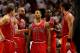 MIAMI, FL - MAY 24: (L-R) Kyle Korver #26, Carlos Boozer #5, Derrick Rose #1, Luol Deng #9 and Joakim Noah #13 of the Chicago Bulls talk on court against the Miami Heat in Game Four of the Eastern Conference Finals during the 2011 NBA Playoffs on May 24, 2011 at American Airlines Arena in Miami, Florida. The Heat won 101-93 in overtime. NOTE TO USER: User expressly acknowledges and agrees that, by downloading and or using this photograph, User is consenting to the terms and conditions of the Getty Images License Agreement. (Photo by Marc Serota/Getty Images)