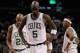 BOSTON, MA - JANUARY 06: Kevin Garnett #5, Ray Allen #20 and Paul Pierce #34 of the Boston Celtics react in the fourth quarter against the Indiana Pacers on January 6, 2012 at TD Garden in Boston, Massachusetts. The Indiana Pacers defeated the Boston Celtics 87-74. NOTE TO USER: User expressly acknowledges and agrees that, by downloading and or using this photograph, User is consenting to the terms and conditions of the Getty Images License Agreement. (Photo by Elsa/Getty Images)