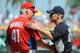 CLEARWATER, FL - FEBRUARY 27: Manager Joe Girardi #28 of the New York Yankees talks with manager Charlie Manuel #41 of the Philadelphia Phillies before play February 27, 2011 at Bright House Field in Clearwater, Florida. (Photo by Al Messerschmidt/Getty Images)